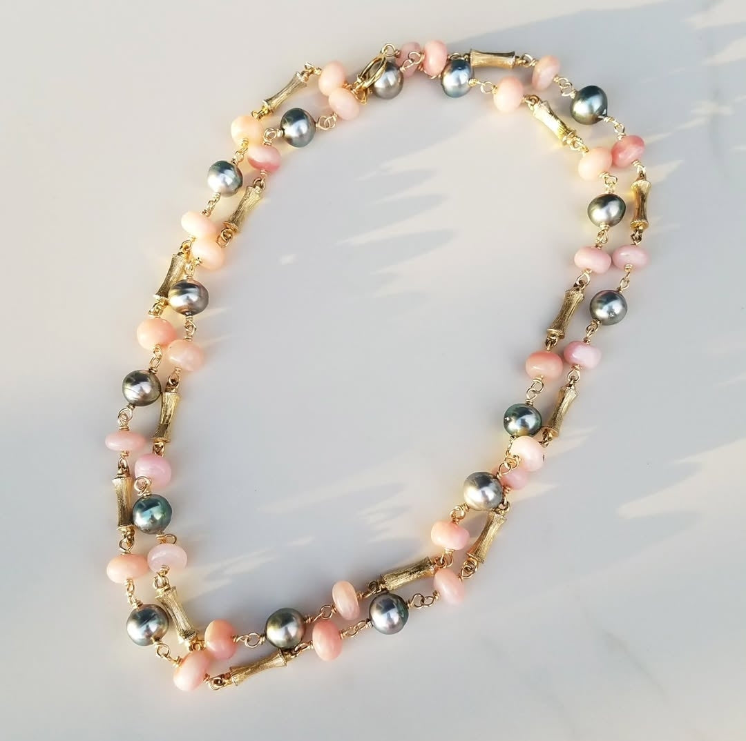 Vintage Bamboo Necklace Tahitian Pearl Pink Opal