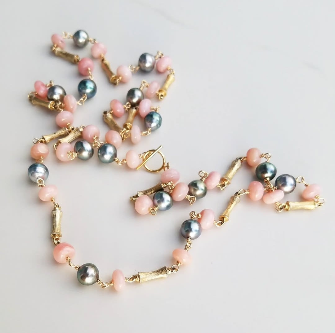 Vintage Bamboo Necklace Tahitian Pearl Pink Opal