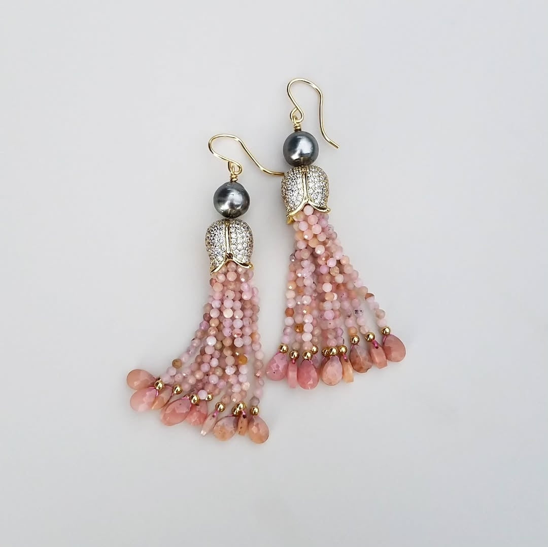 Pink Opal Tahitian Pearl Tassel Earrings
