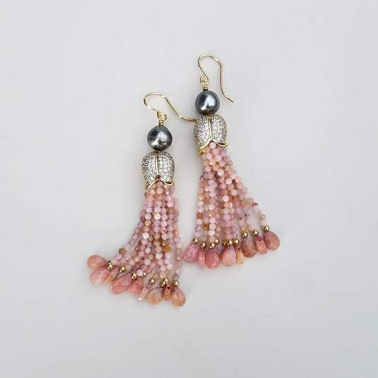 Pink Opal Tahitian Pearl Tassel Earrings