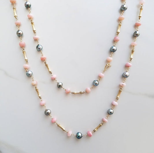 Vintage Bamboo Necklace Tahitian Pearl Pink Opal