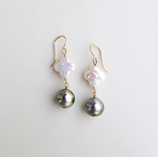Clover and Tahitian Pearl Earrings