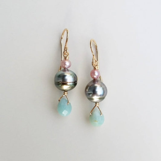 Tahitian & Fresh Water Pearl Amazonite Drop Earrings