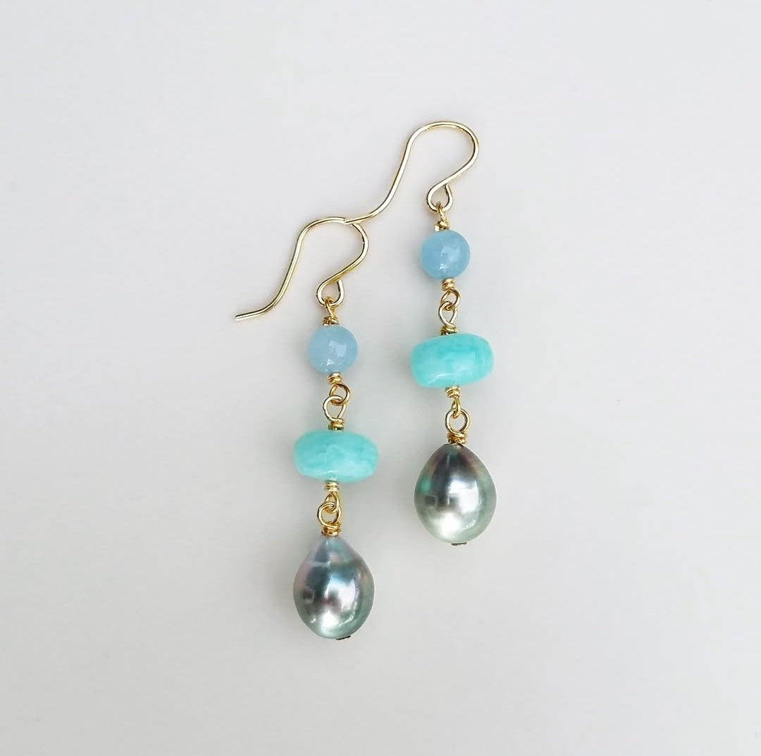 Aquamarine, Amazonite, & Tahitian Pearl Earrings