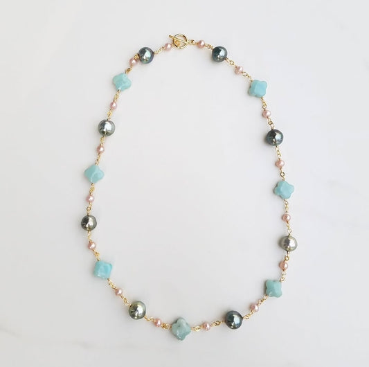 Tahitian Pearl & Amazonite Clover Necklace