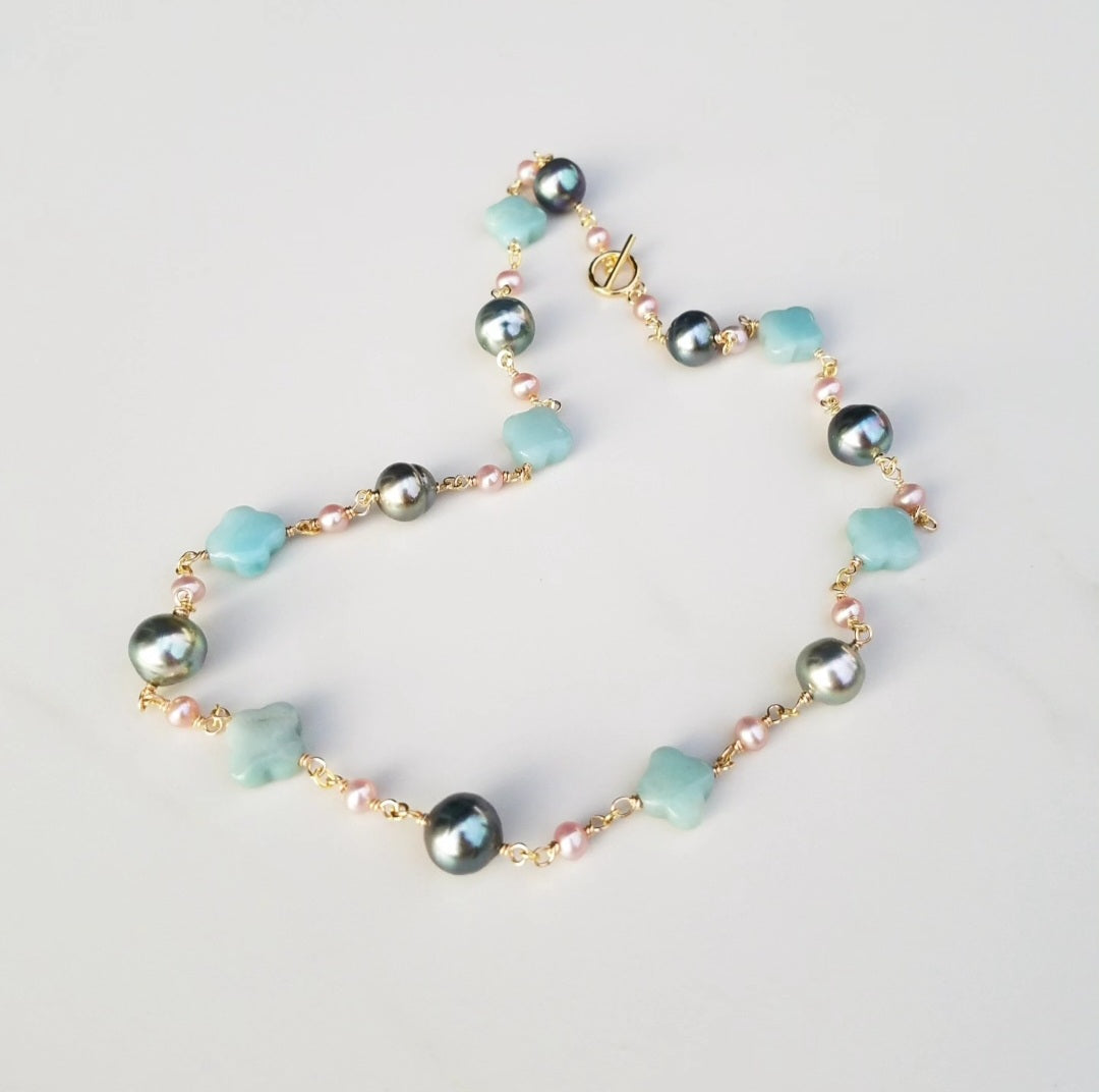 Tahitian Pearl & Amazonite Clover Necklace