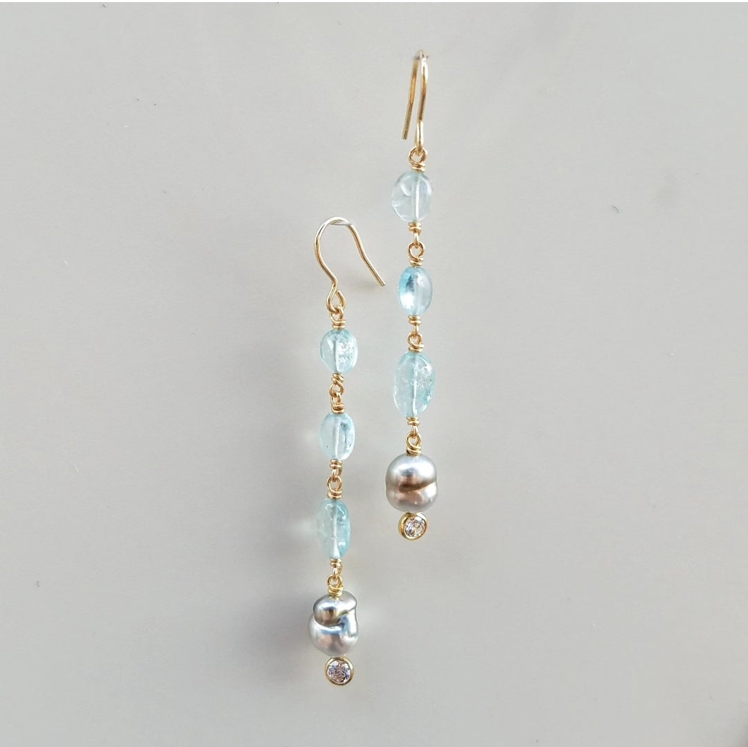 Aquamarine and Tahitian Keshi Pearl Earrings