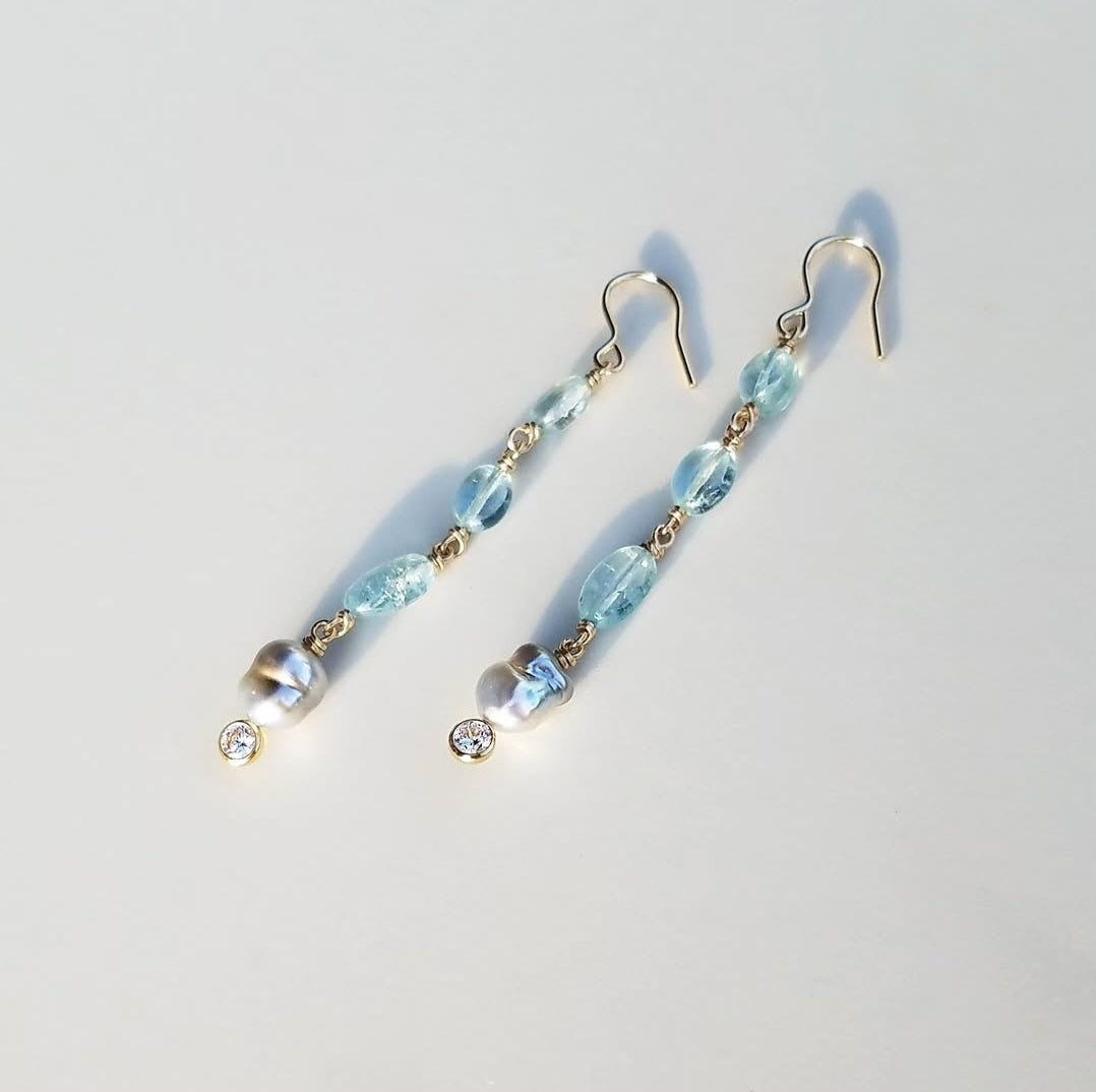 Aquamarine and Tahitian Keshi Pearl Earrings