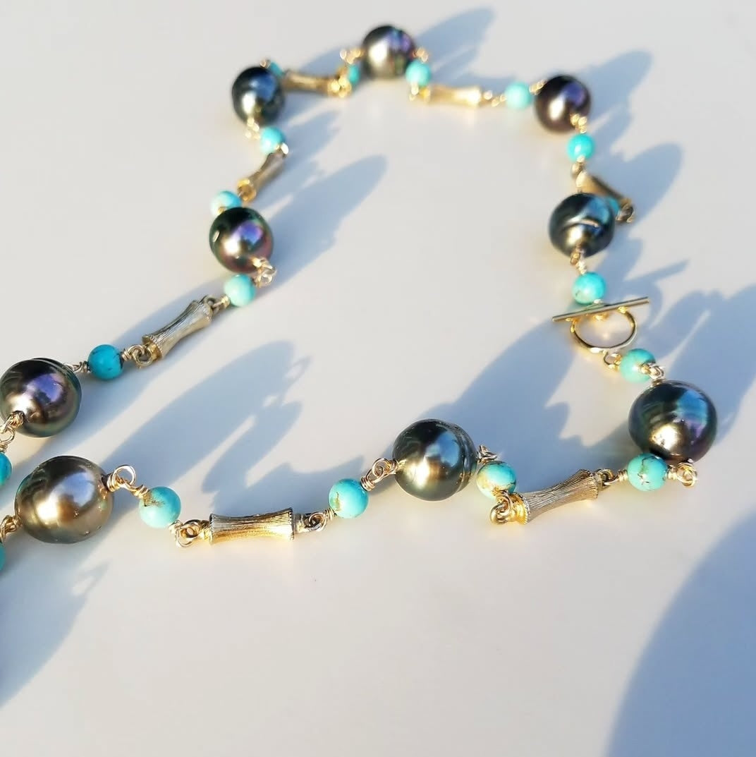 Tahitian Pearl Turquoise Vintage Bamboo Necklace